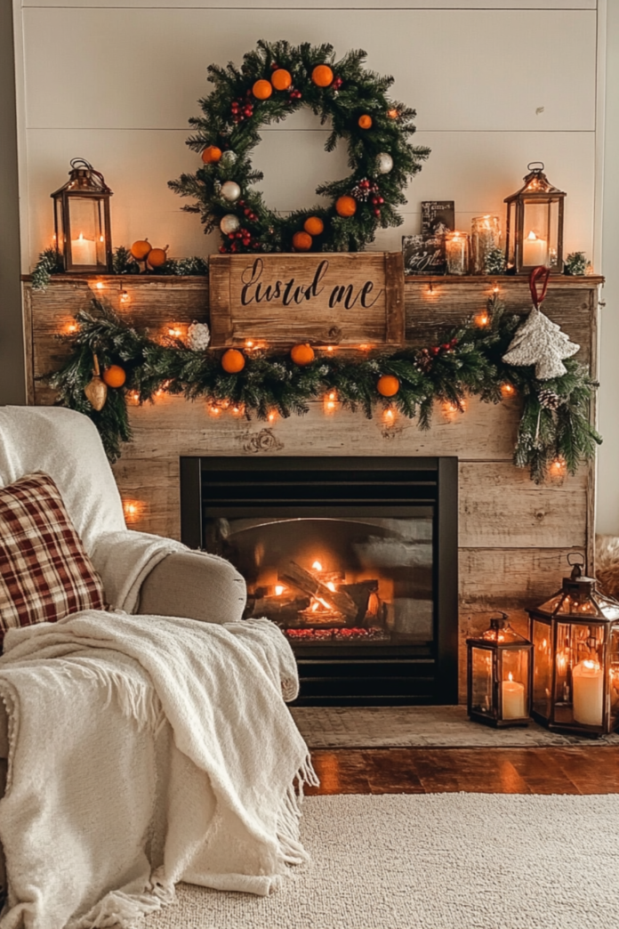 A cozy living room decorated with DIY winter decorations, including a rustic wreath, mason jar lanterns, a tiered tray, and a fabric garland, creating a warm holiday atmosphere