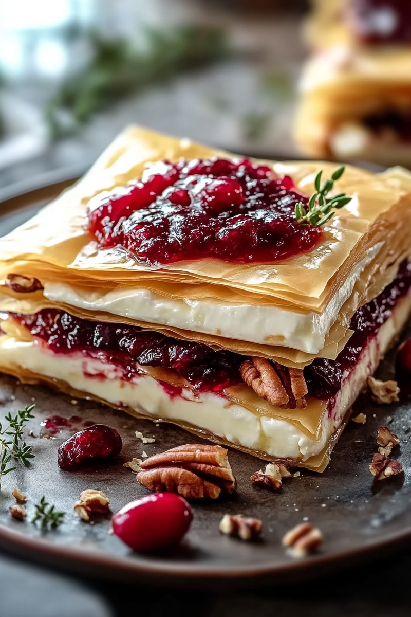 Layered Phyllo Pastry with Brie, Cranberry Sauce, and Pecans