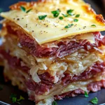 Reuben Bake with Layers of Corned Beef, Sauerkraut, and Swiss Cheese