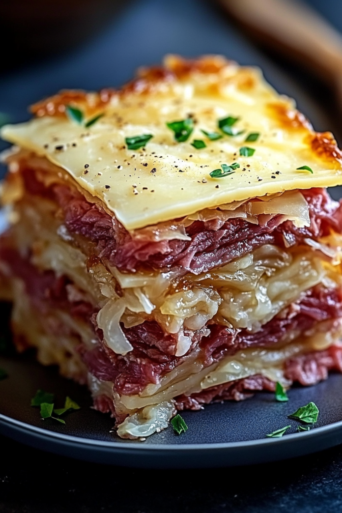 Reuben Bake with Layers of Corned Beef, Sauerkraut, and Swiss Cheese