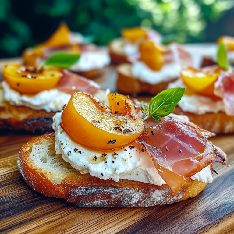 A collection of savory peach recipes for summer, including peach barbecue salmon, peach BBQ pulled chicken, smoky ribs, grilled peach burrata crostini, and prosciutto peach crostini.