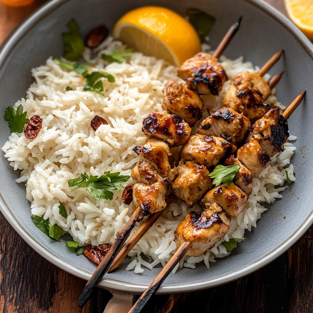 Citrus Chicken Kebabs with Cardamom Rice