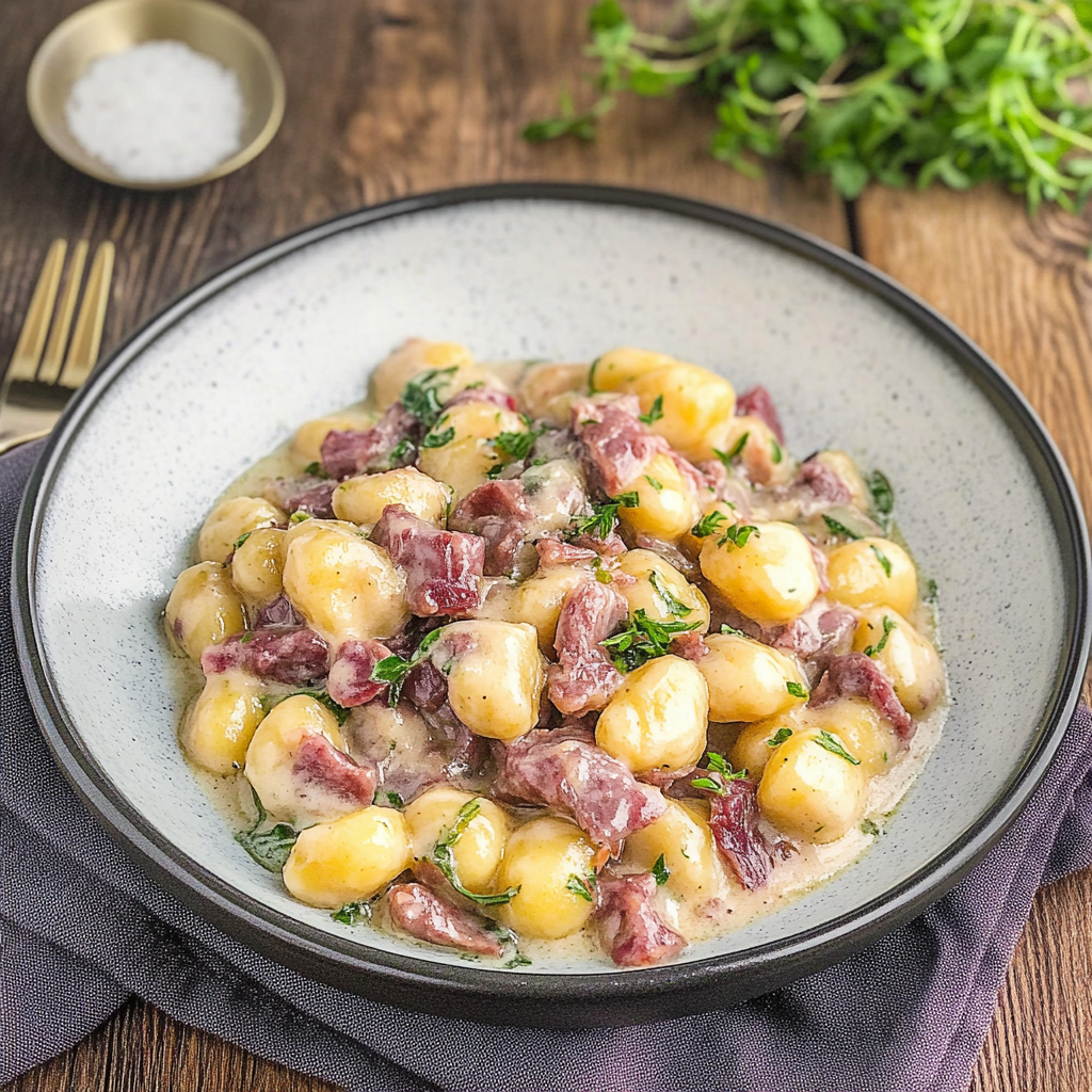Creamy Gnocchi with Corned Beef and Zucchini