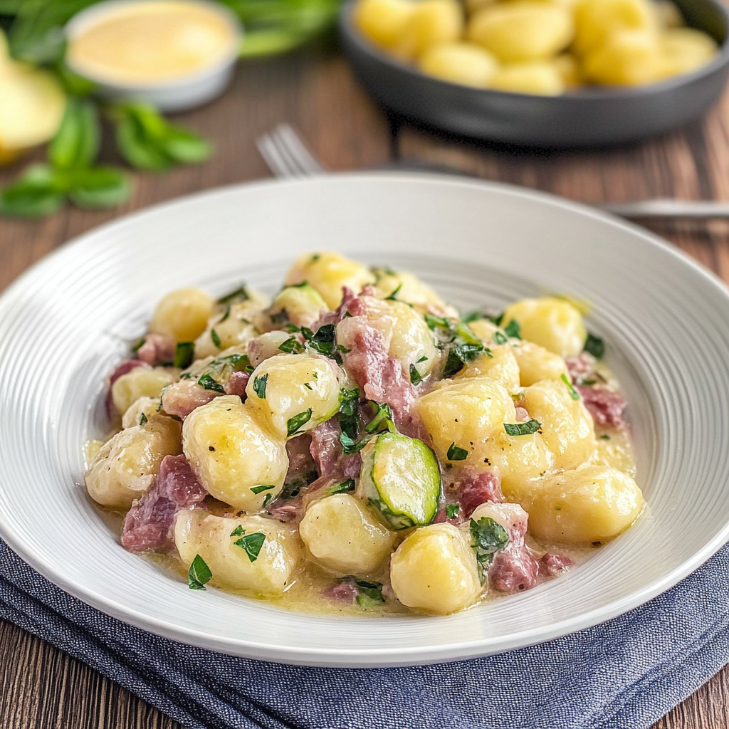 Creamy Gnocchi with Corned Beef and Zucchini