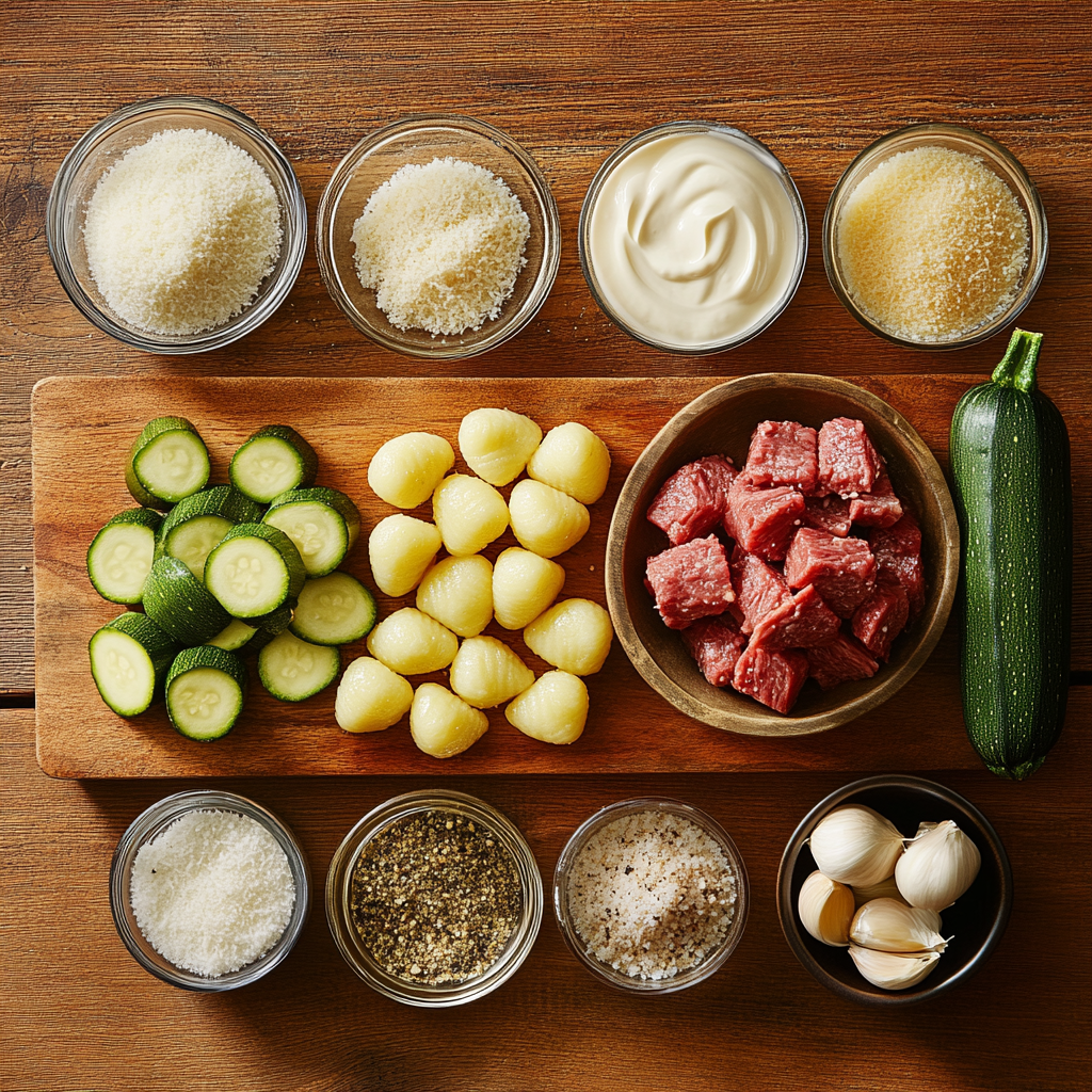 Creamy Gnocchi with Corned Beef and Zucchini ingredients