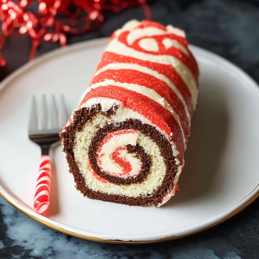 Candy Cane Cake Roll with Chocolate Peppermint Whipped Cream