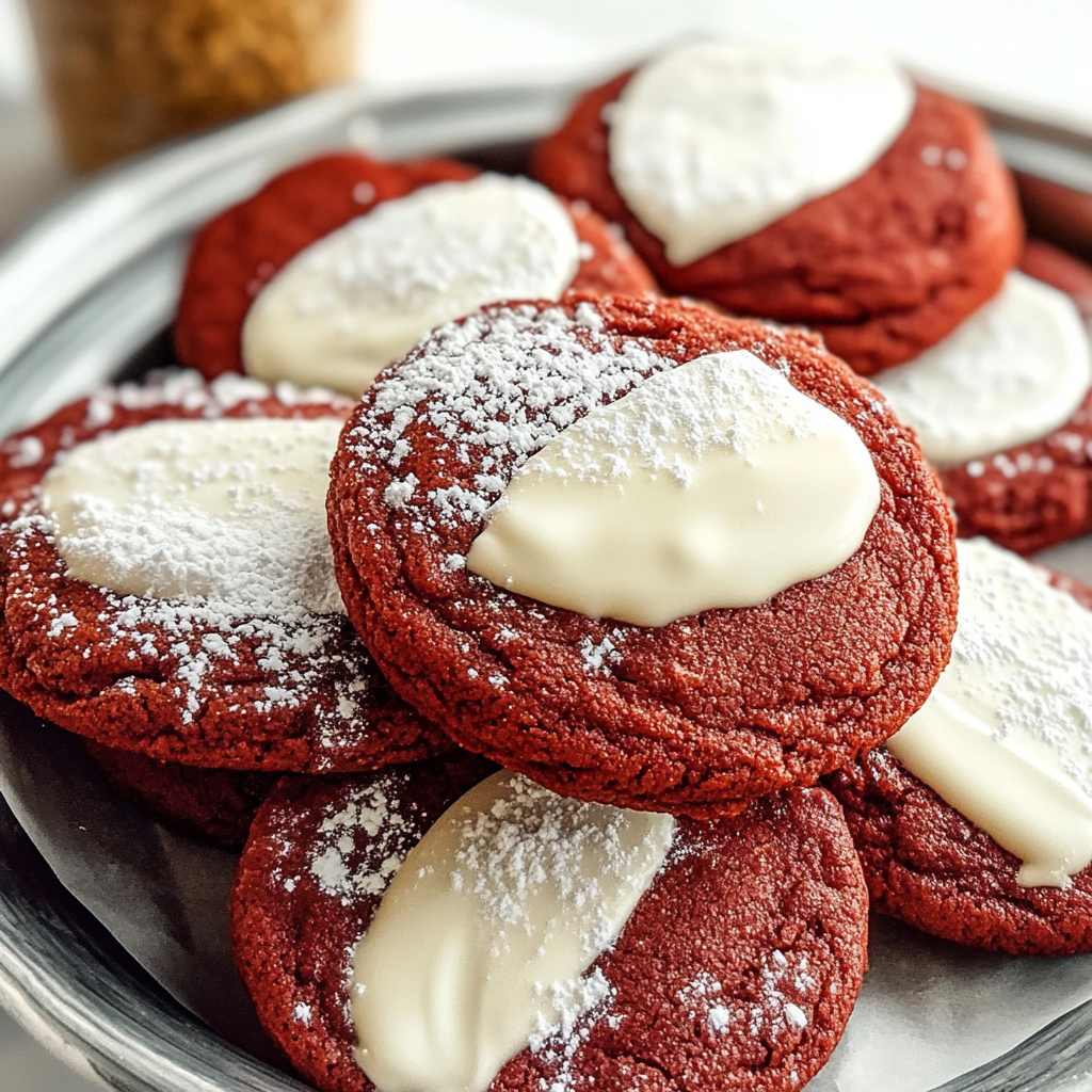 White Chocolate Dipped Red Velvet Cookies