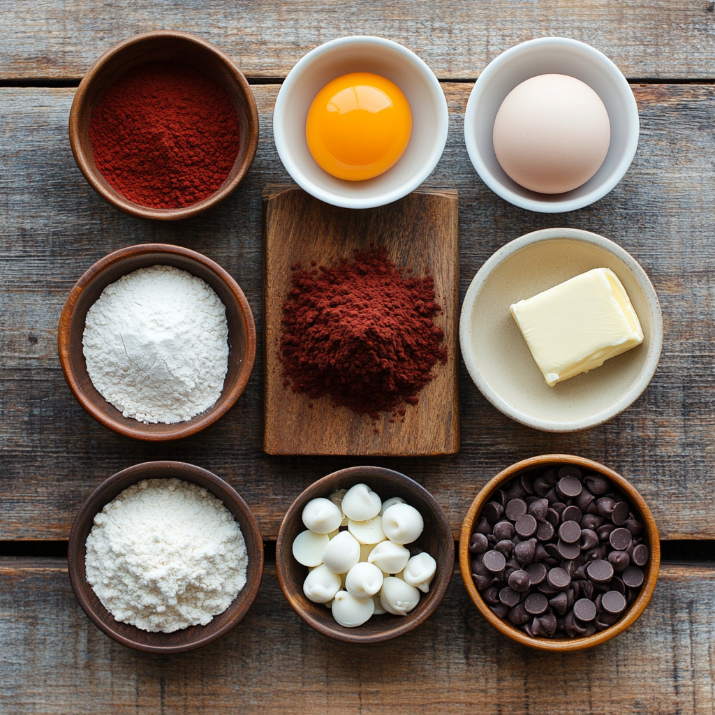White Chocolate Dipped Red Velvet Cookies ingredients