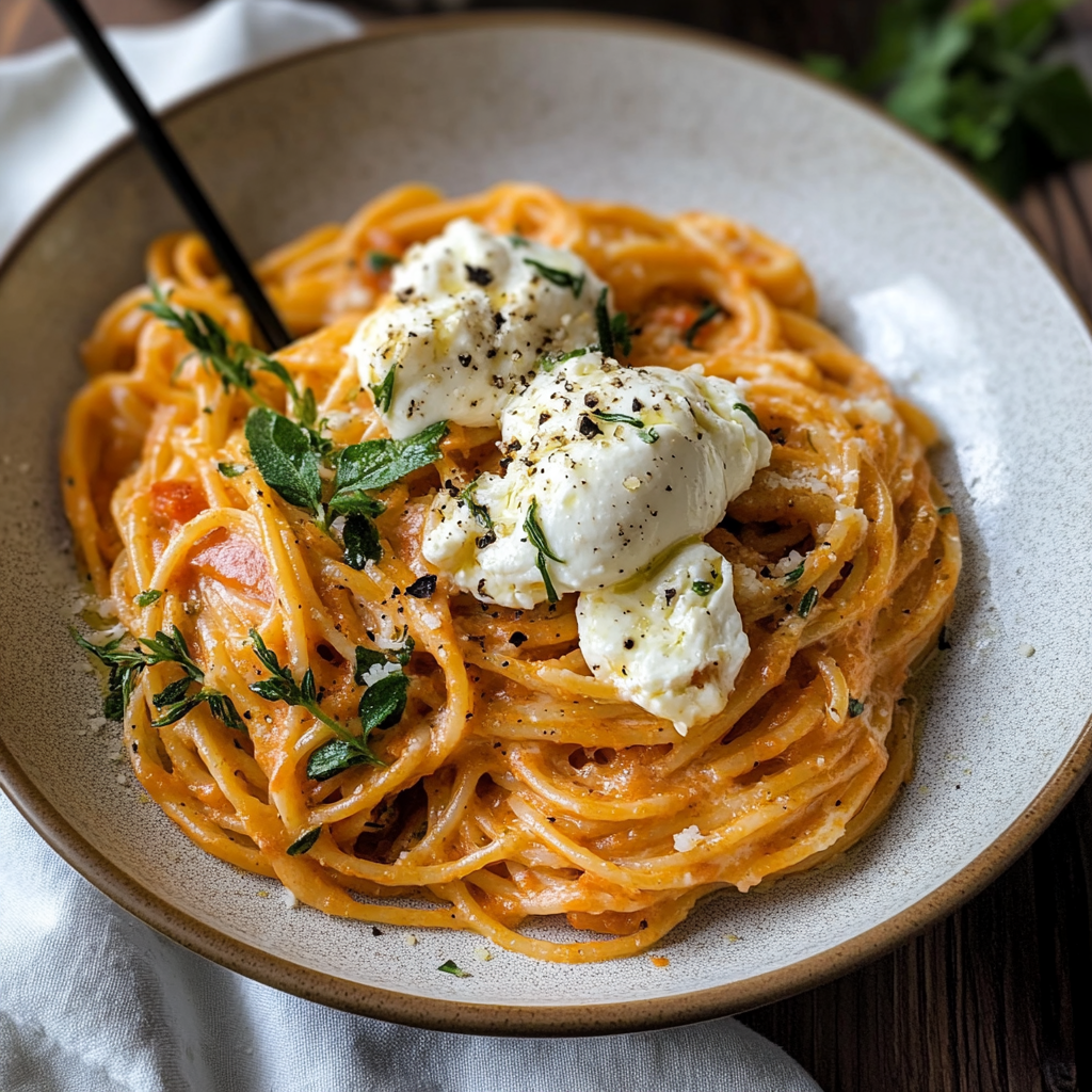 Creamy Red Pepper Pasta with Burrata & Herbs