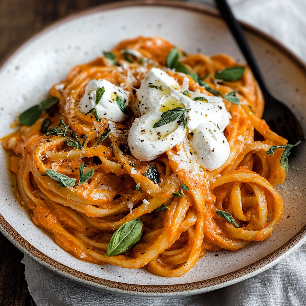 Creamy Red Pepper Pasta with Burrata & Herbs