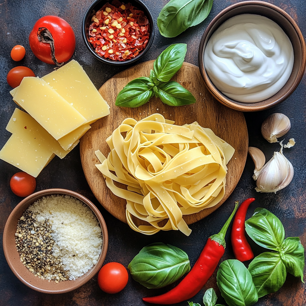 Creamy Red Pepper Pasta with Burrata & Herbs ingredients