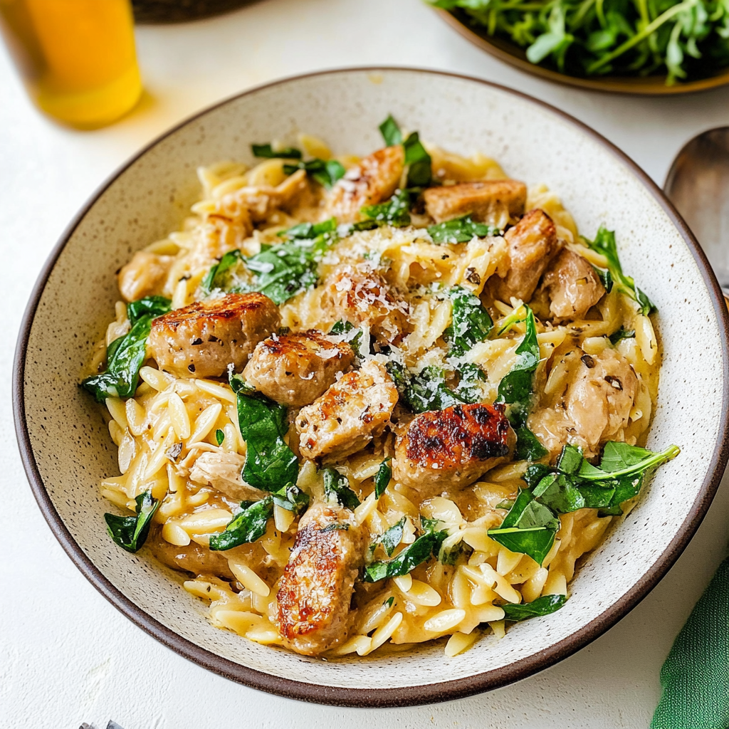 One Pan Chicken Sausage and Orzo