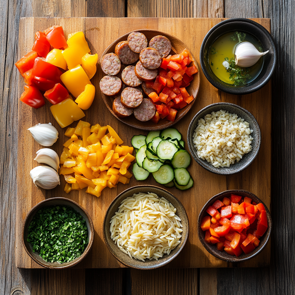 One Pan Chicken Sausage and Orzo ingredients