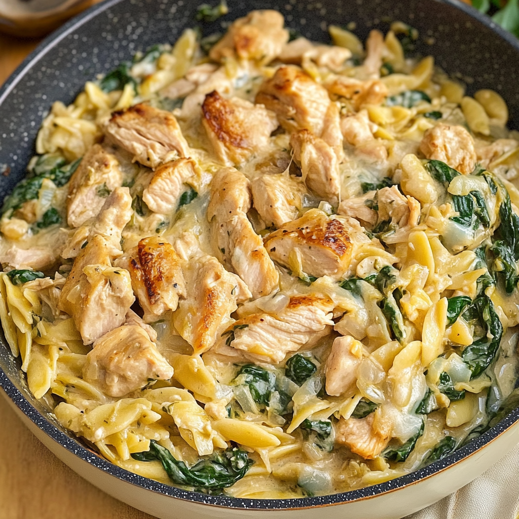 One Pan Spinach Artichoke Chicken Orzo