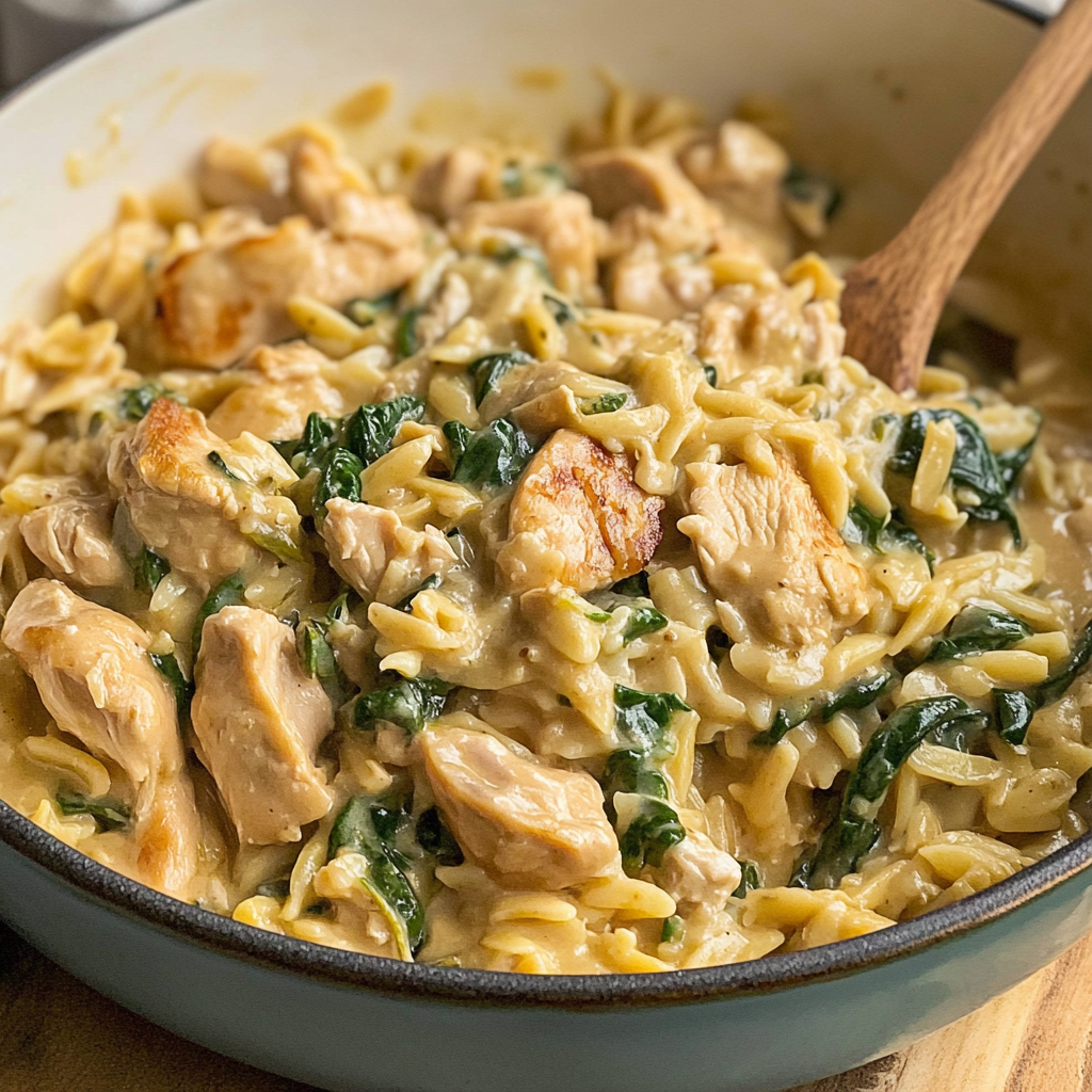 One Pan Spinach Artichoke Chicken Orzo