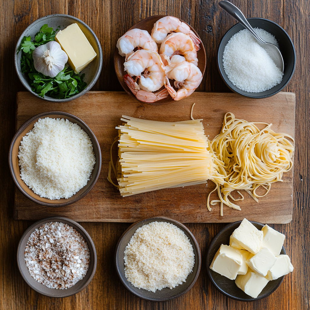 Shrimp Fettuccine Alfredo Pasta Bake ingredients