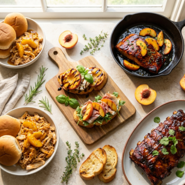 Savory peach recipes for summer featuring peach barbecue salmon, peach BBQ pulled chicken, smoky ribs, grilled peach burrata crostini, and prosciutto peach crostini.