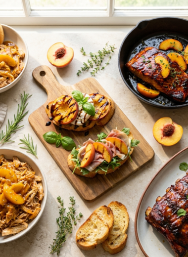 Savory peach recipes for summer featuring peach barbecue salmon, peach BBQ pulled chicken, smoky ribs, grilled peach burrata crostini, and prosciutto peach crostini.