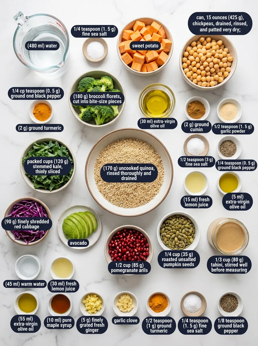 Anti-Inflammatory Glow Bowl with Turmeric Tahini ingredients