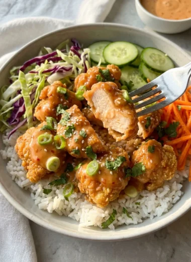 Bang Bang Chicken Bowls with Creamy Sweet Chili Sauce finished recipe