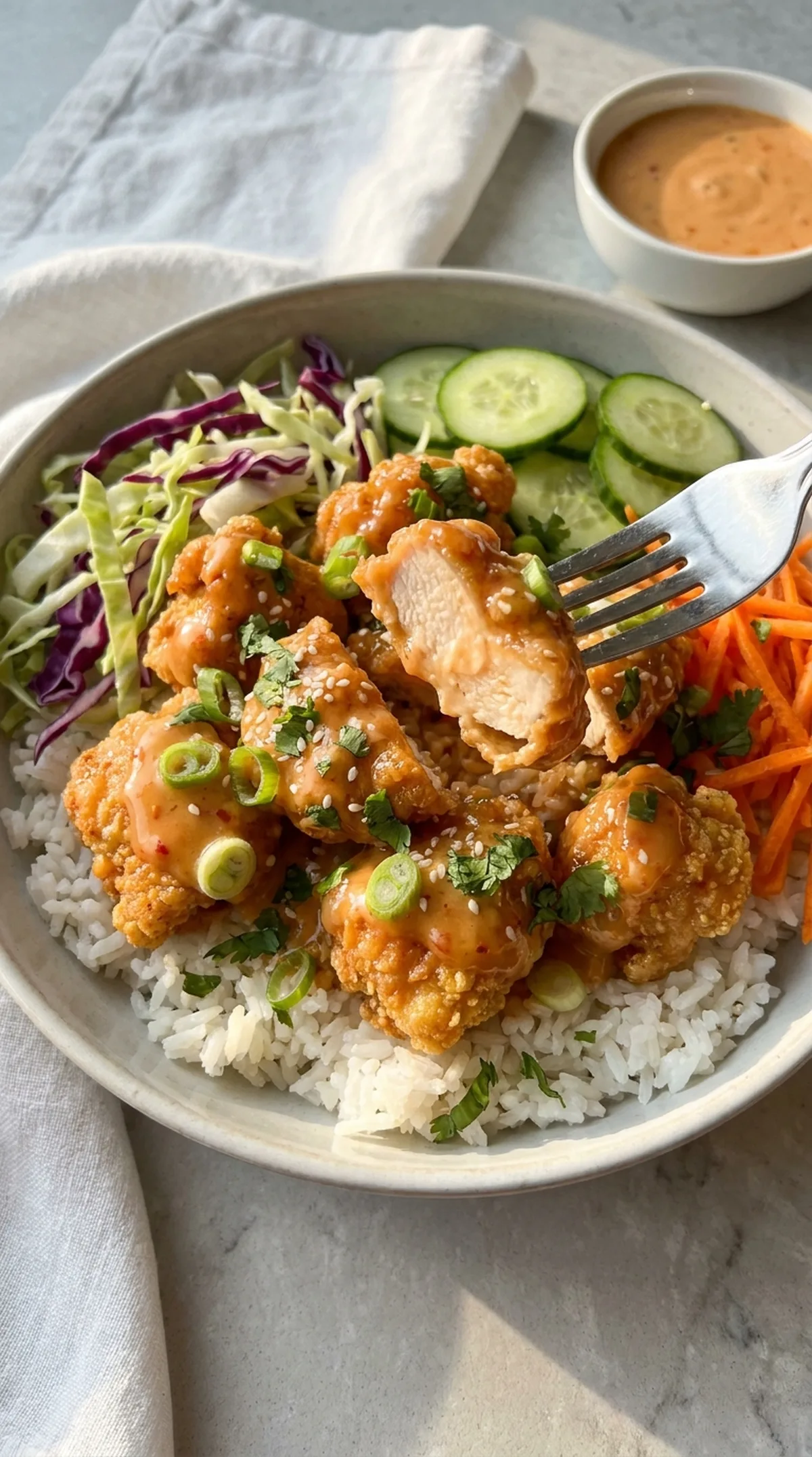 Bang Bang Chicken Bowls with Creamy Sweet Chili Sauce finished recipe