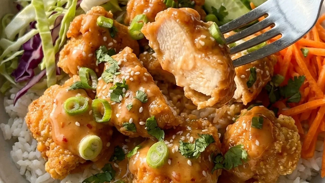 Bang Bang Chicken Bowls with Creamy Sweet Chili Sauce finished recipe