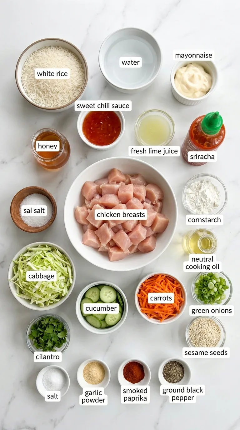 Bang Bang Chicken Bowls with Creamy Sweet Chili Sauce ingredients