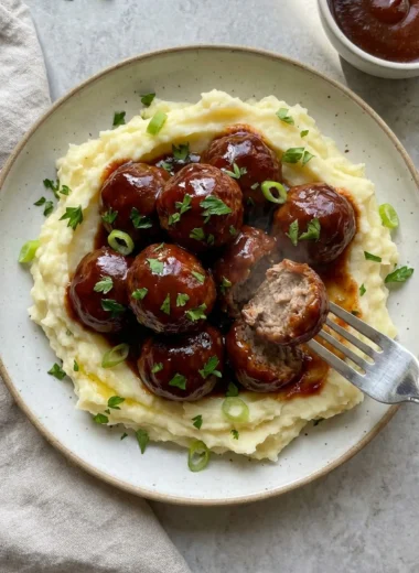 BBQ Meatballs and Mashed Potatoes finished recipe