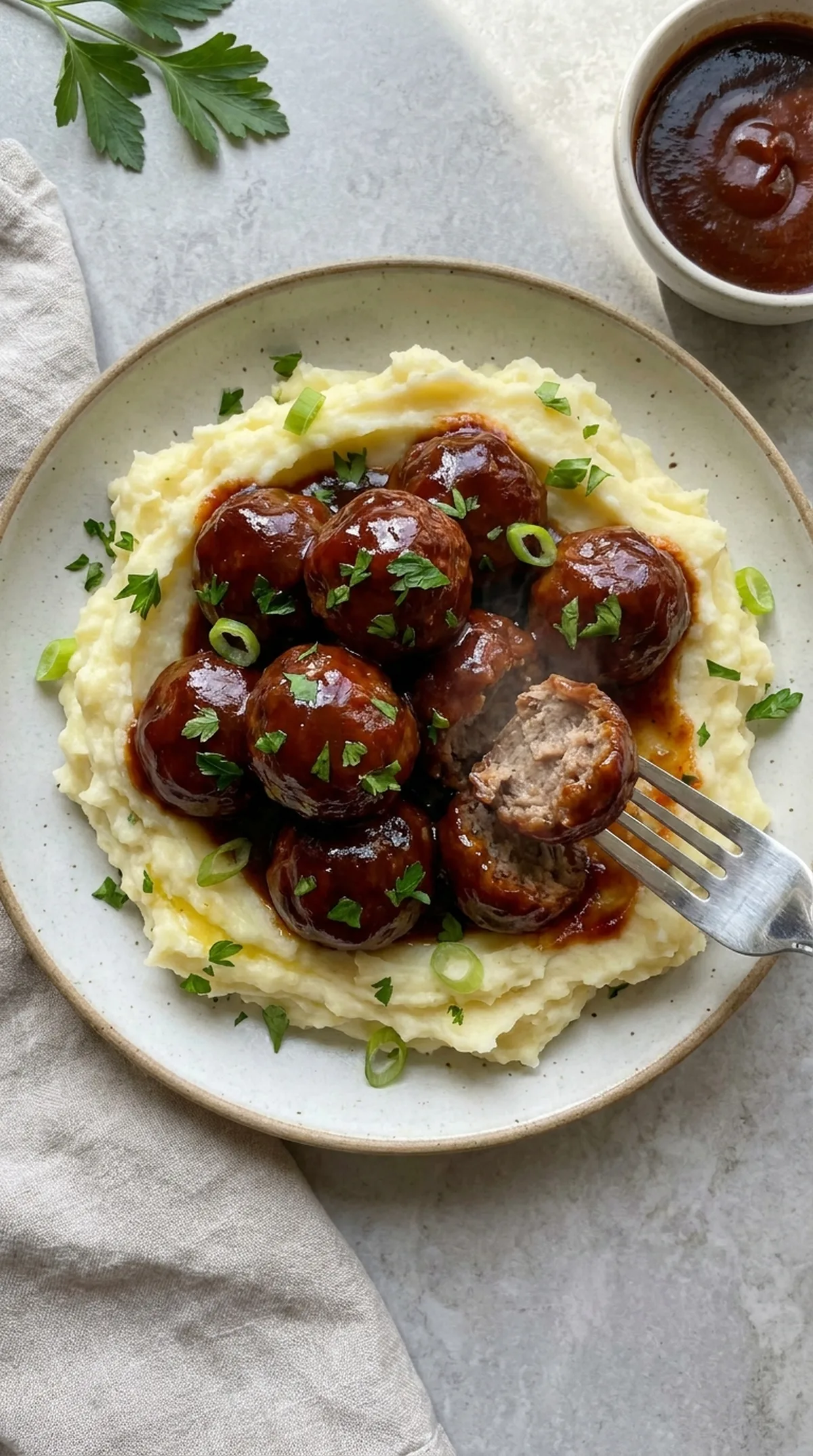 BBQ Meatballs and Mashed Potatoes finished recipe