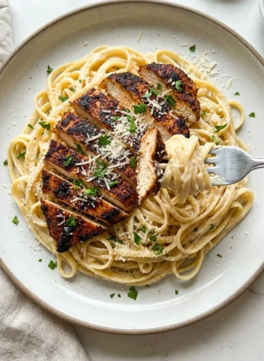 Cajun Chicken Over Creamy Parmesan Linguine finished recipe