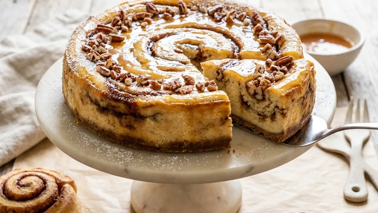 Cinnamon Roll Honeybun Cheesecake finished recipe