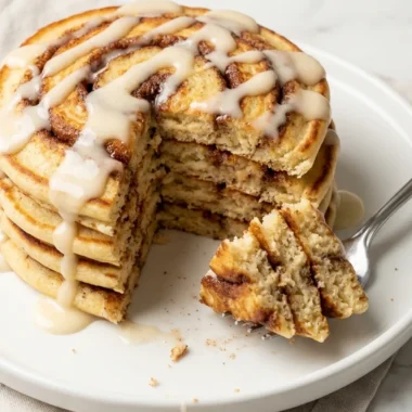 Cinnamon Roll Pancakes with Cream Cheese Glaze finished recipe