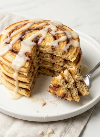 Cinnamon Roll Pancakes with Cream Cheese Glaze finished recipe