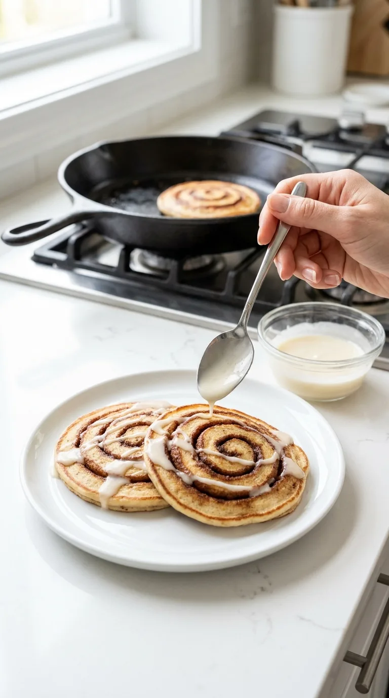 Cinnamon Roll Pancakes with Cream Cheese Glaze step 15