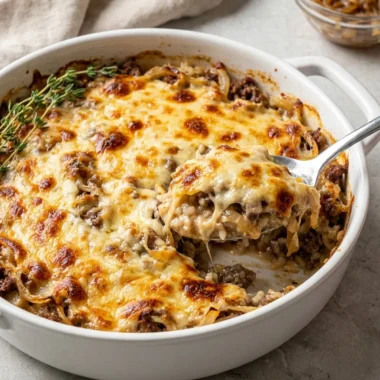 French Onion Ground Beef and Rice Casserole finished recipe