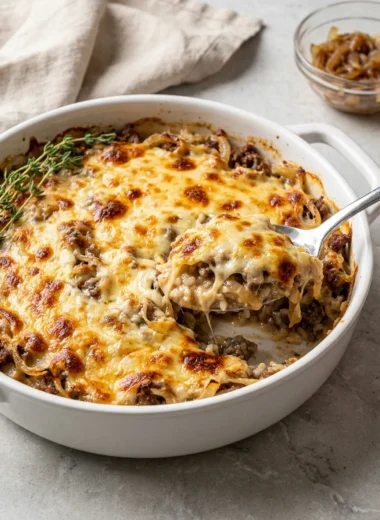 French Onion Ground Beef and Rice Casserole finished recipe