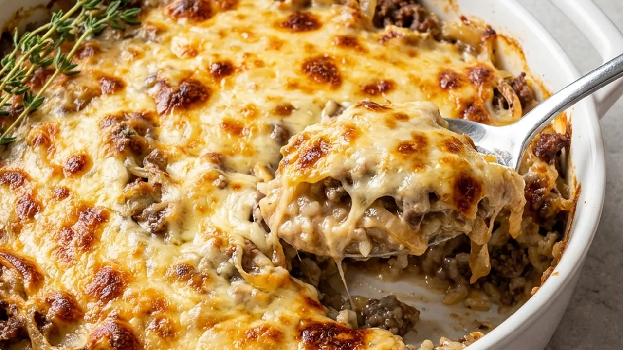 French Onion Ground Beef and Rice Casserole finished recipe