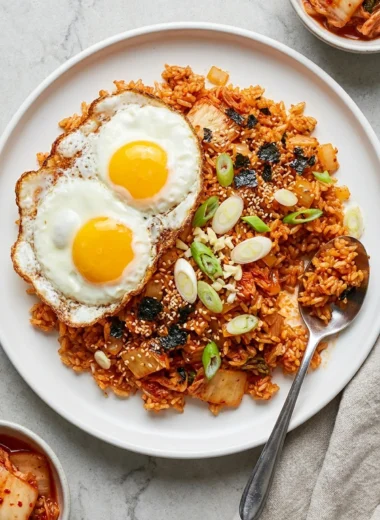 Kimchi Fried Rice with Fried Eggs finished recipe