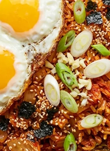 Kimchi Fried Rice with Fried Eggs finished recipe