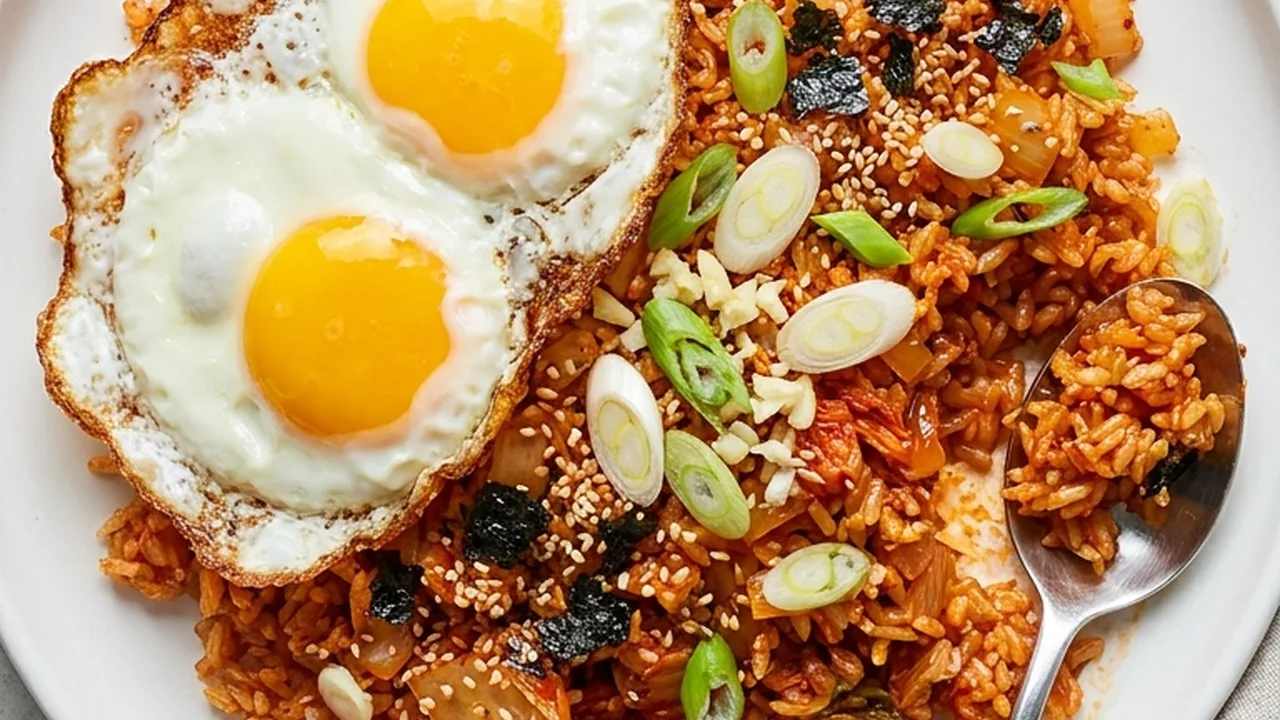 Kimchi Fried Rice with Fried Eggs finished recipe