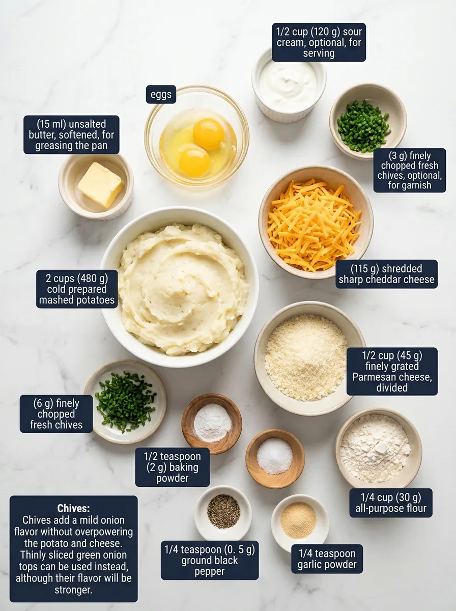 Mashed Potato Cheese Puffs with Cheddar and Parmesan ingredients