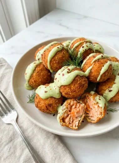 Salmon Balls with Creamy Avocado Sauce finished recipe