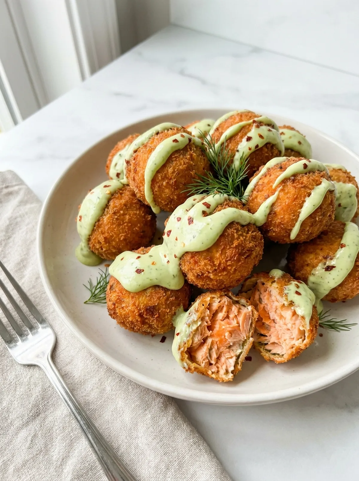 Salmon Balls with Creamy Avocado Sauce finished recipe
