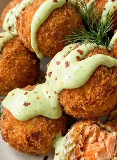 Salmon Balls with Creamy Avocado Sauce finished recipe