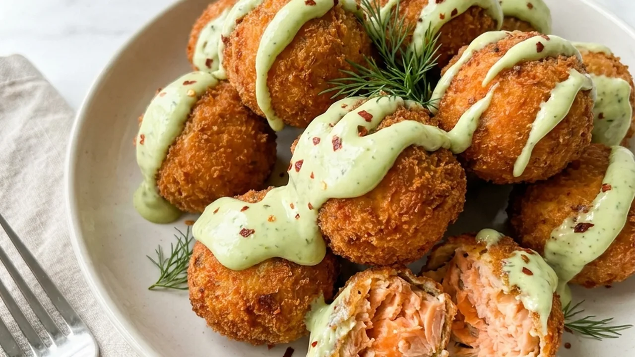 Salmon Balls with Creamy Avocado Sauce finished recipe