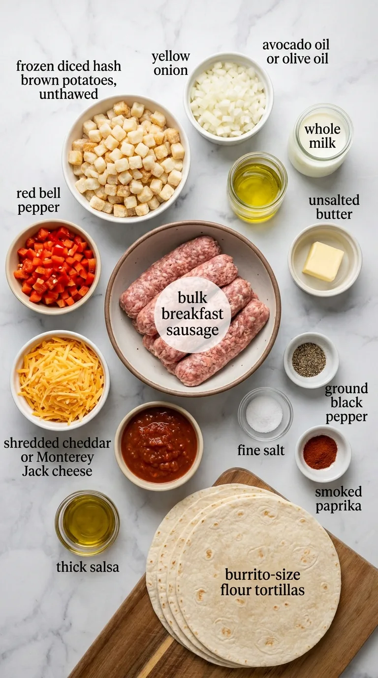 Sausage, Egg, and Potato Breakfast Burritos ingredients