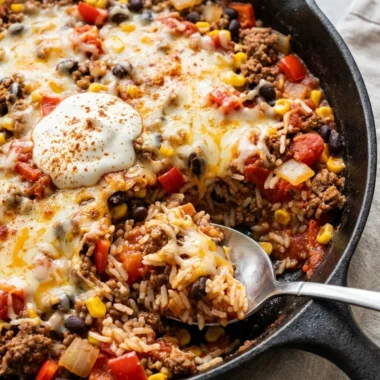 Skillet Taco Rice with Ground Beef and Cheese finished recipe