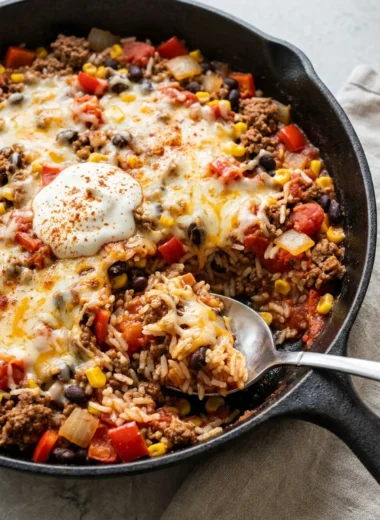 Skillet Taco Rice with Ground Beef and Cheese finished recipe