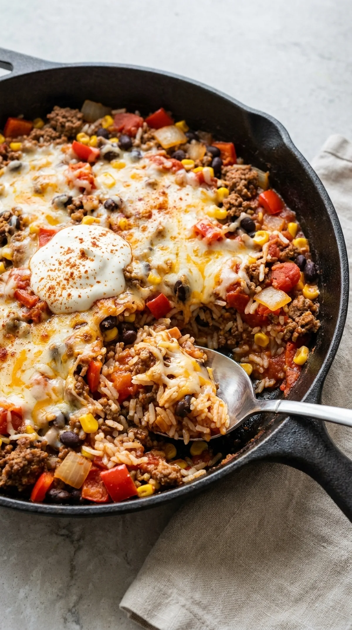 Skillet Taco Rice with Ground Beef and Cheese finished recipe