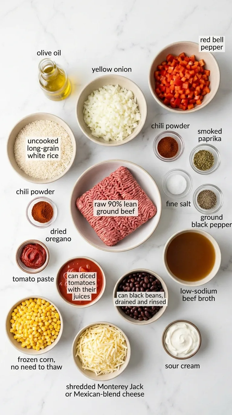 Skillet Taco Rice with Ground Beef and Cheese ingredients